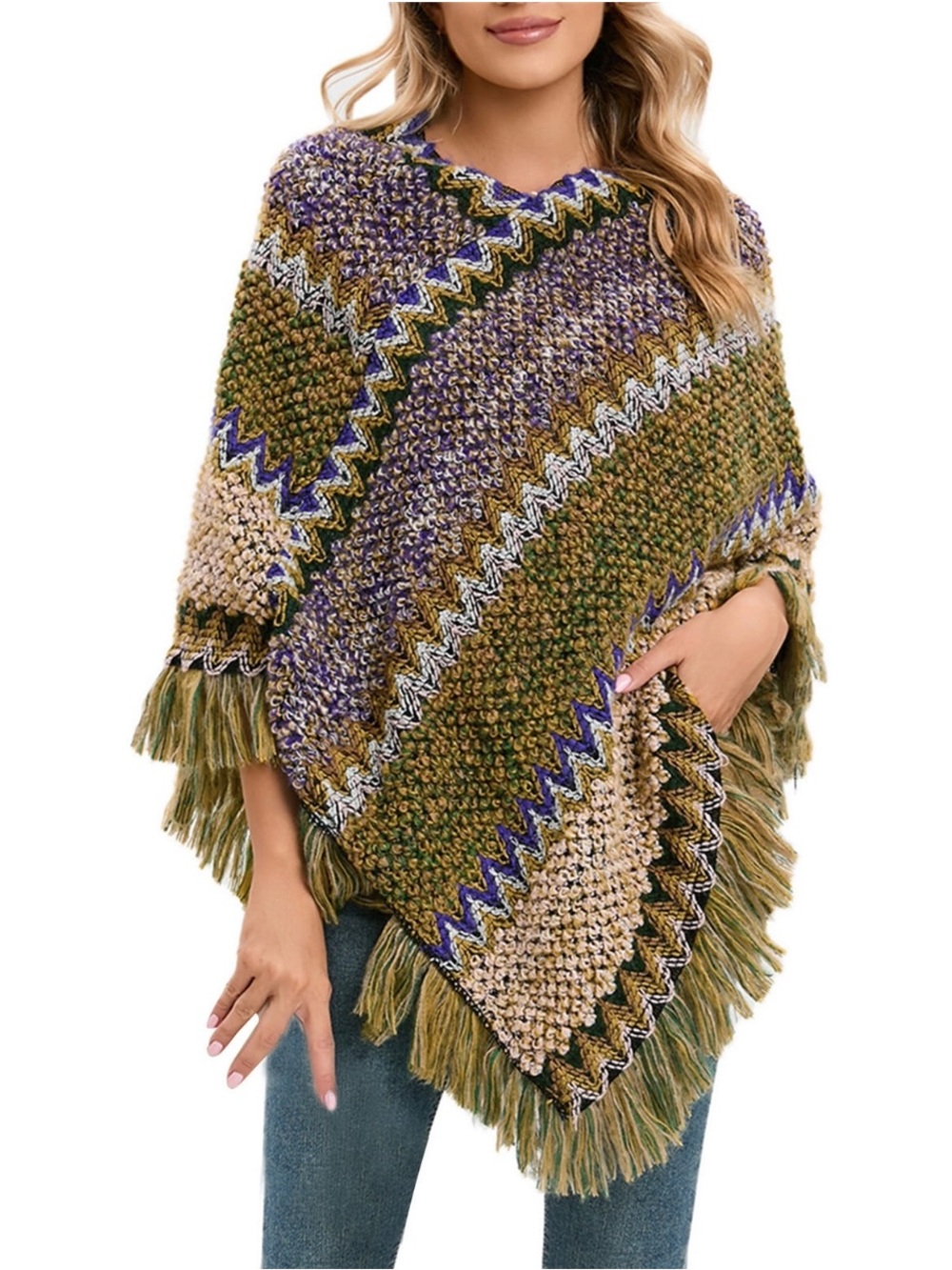 Chunky Knit Fringe Poncho Sweater Olive Green Multi One Size Boho Cottagecore